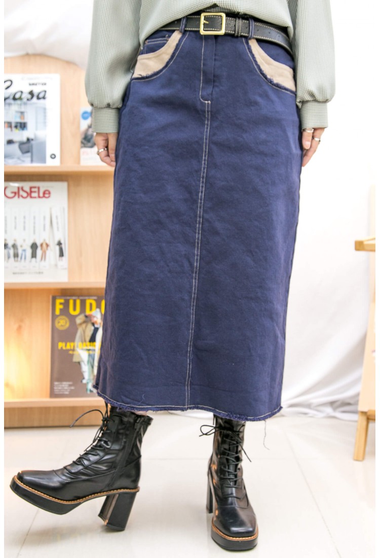 2215-1172 （這是size L）-獨特・設計-SOSO邊 ‧ 袋邊拼色 ‧ 扯布料半截裙 (韓國) 0